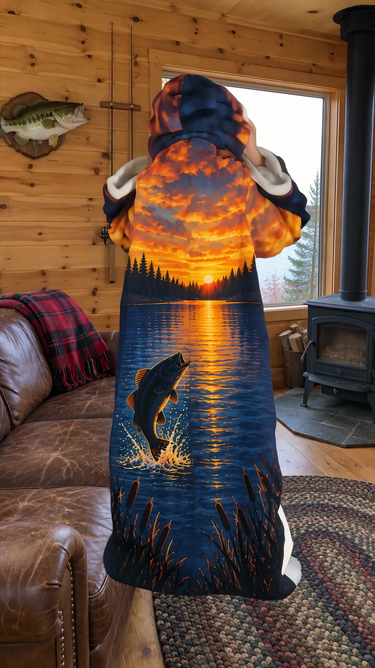 Golden Hour robe back print in a lake cabin
