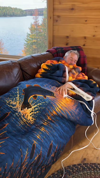 Angler wrapped in the heated robe on the couch
