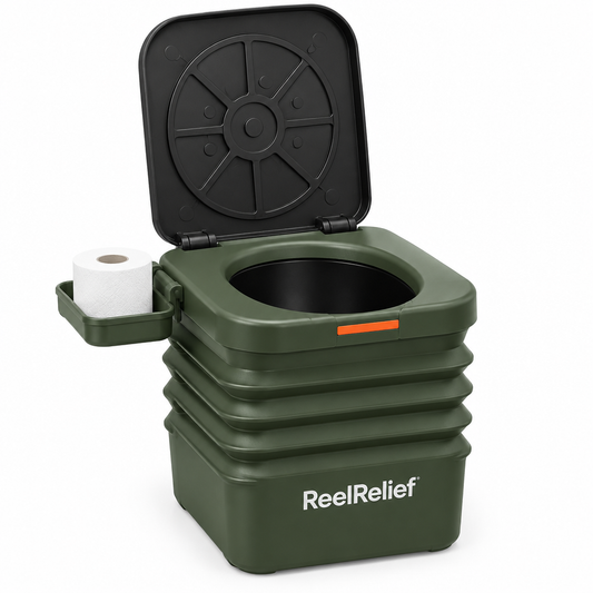 ReelRelief folding boat toilet, olive green, lid open with toilet paper tray