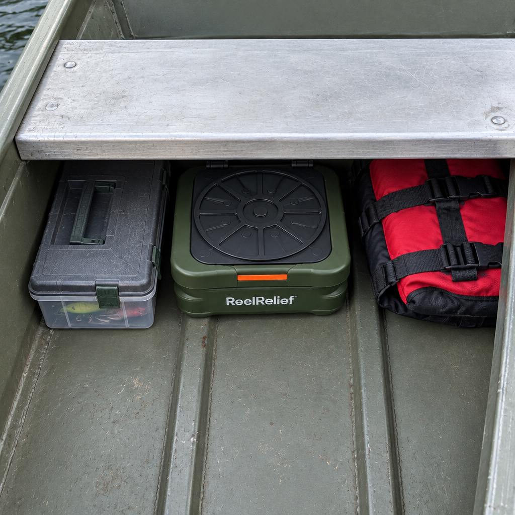 ReelRelief folded flat under the boat bench