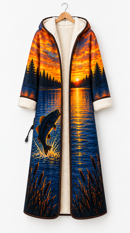 Golden Hour heated angler robe, sunset lake print with jumping bass